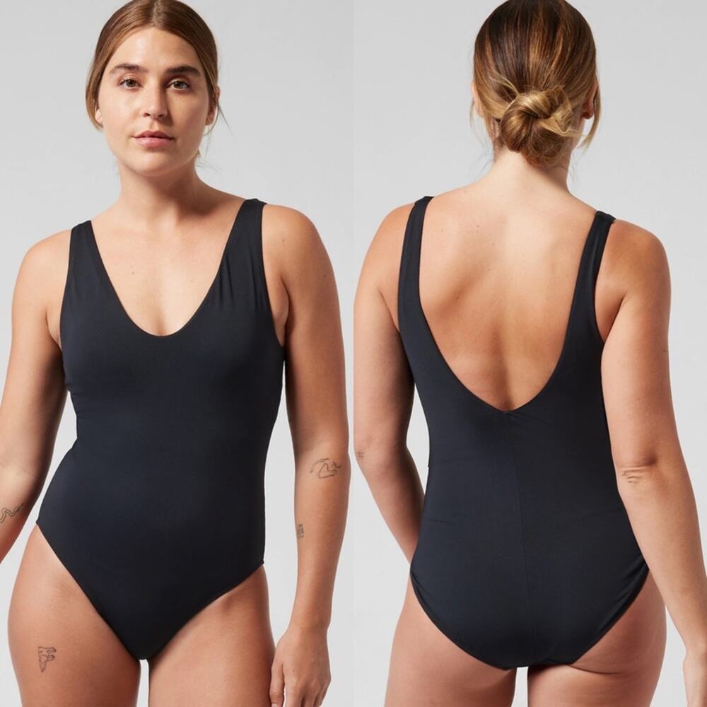 ATHLETA Sz S Seychelles One Piece Swimsuit Black Deep V Neck Low Back Size Small